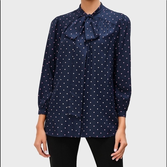 Eshakti navy and white polka dot tie neck long sleeve blouse plus size work - Picture 1 of 9